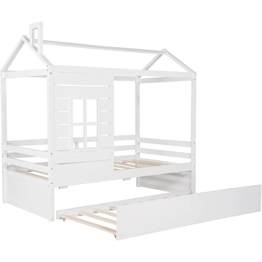 Wood House Bed With Trundle Twin Daybed For Kids Durable