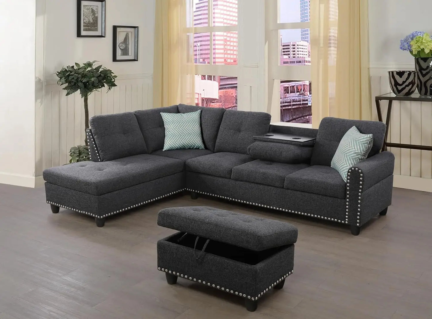L-Shape Sectional Sofa Chaise With Ottoman And Cup Holder