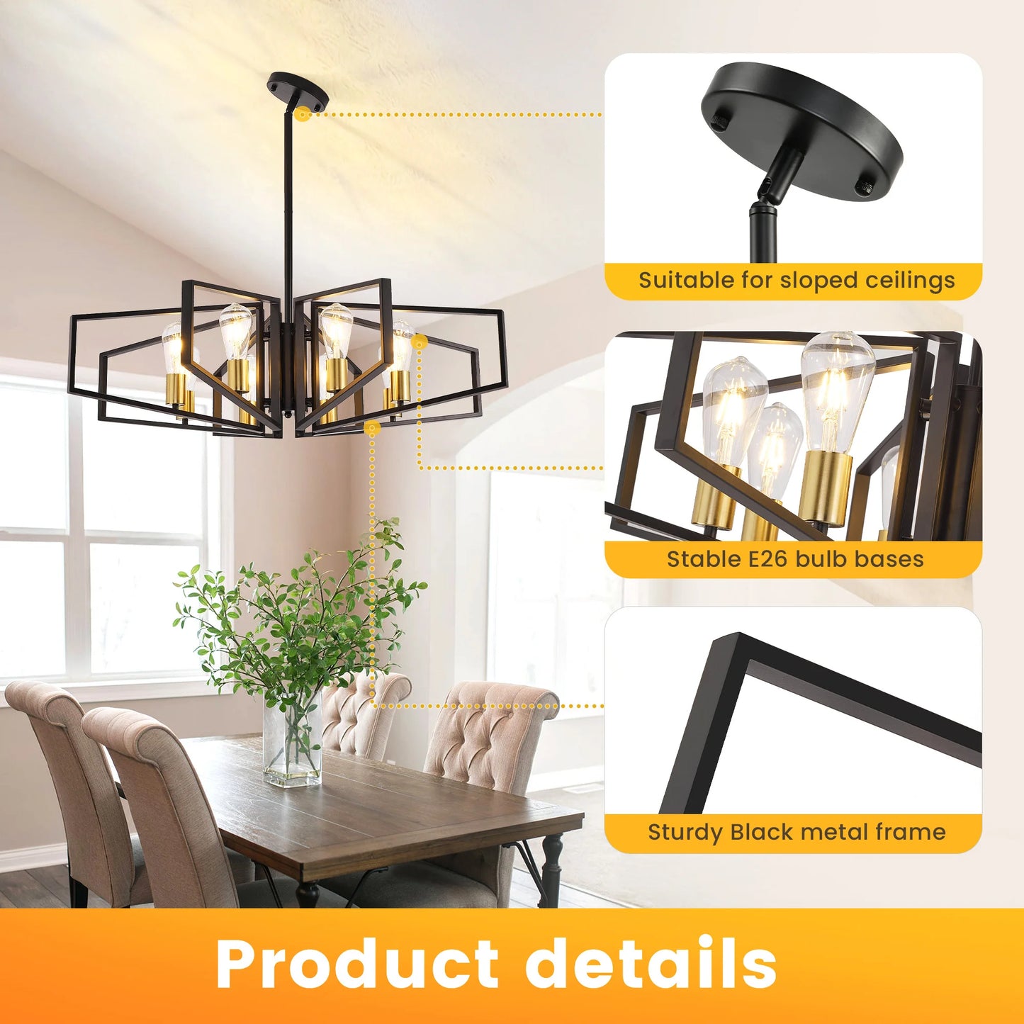 Geometric 8-Light Chandelier With Adjustable Height Iron Frame