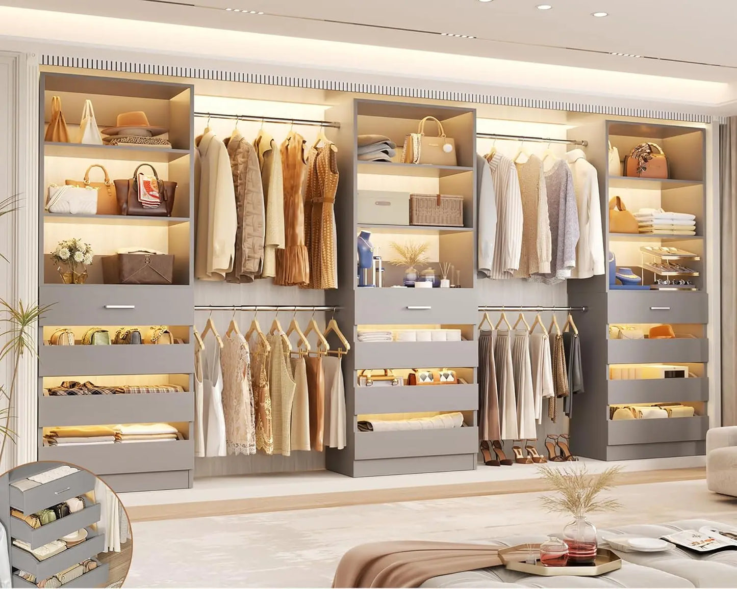Wooden Closet Organizer System With 4 Rods And 12 Drawers