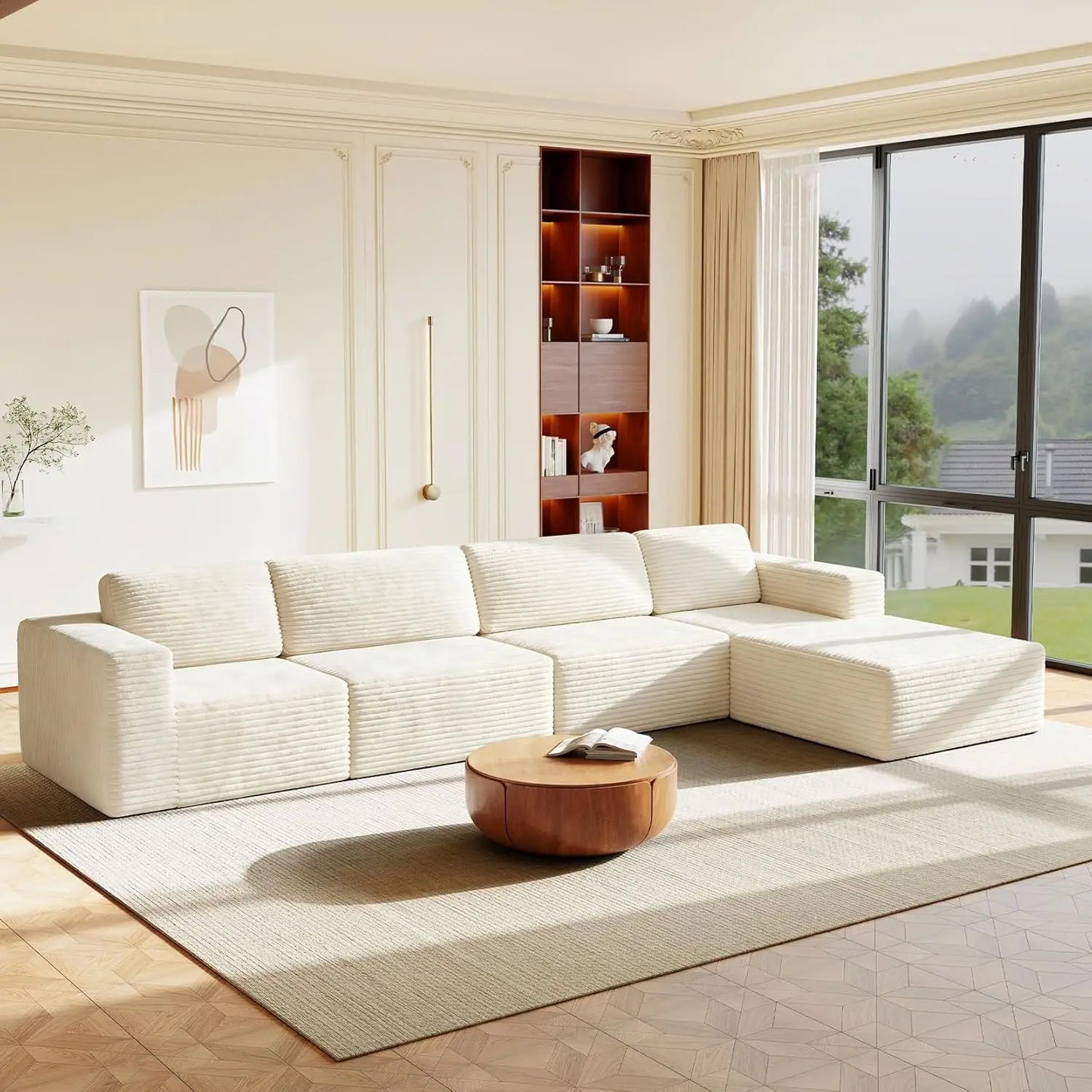 Corduroy L-Shape Modular Sofa With Movable Ottoman Sectional