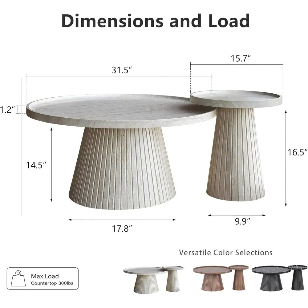 Nesting Coee Table Set o 2, ern luted Coee Table with aux Stone Veneer, Travertine Round Tea Table