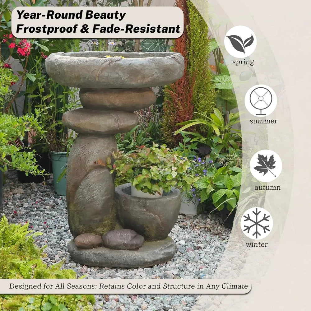 Solar Bird Bath Fountain With LED Waterfall And Planter Feature