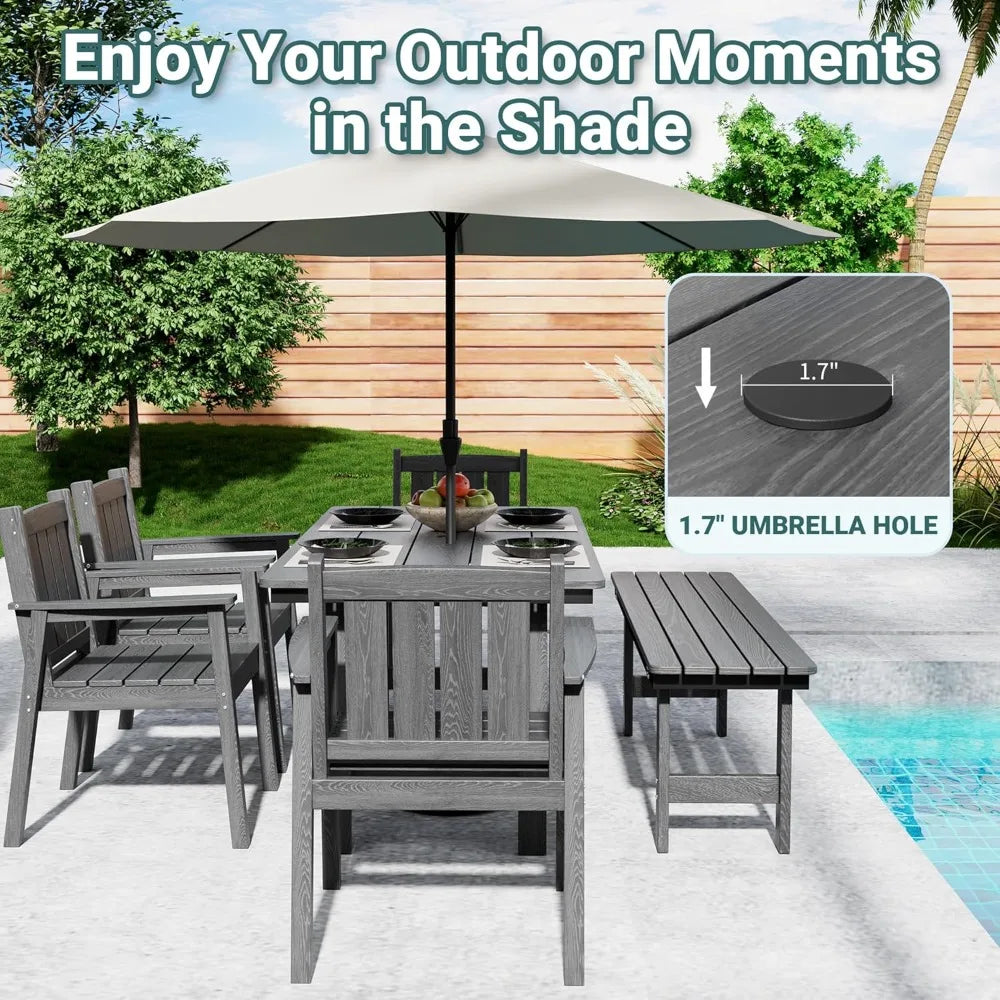 HDPE Outdoor Dining Set With Table Chairs Bench Umbrella Hole