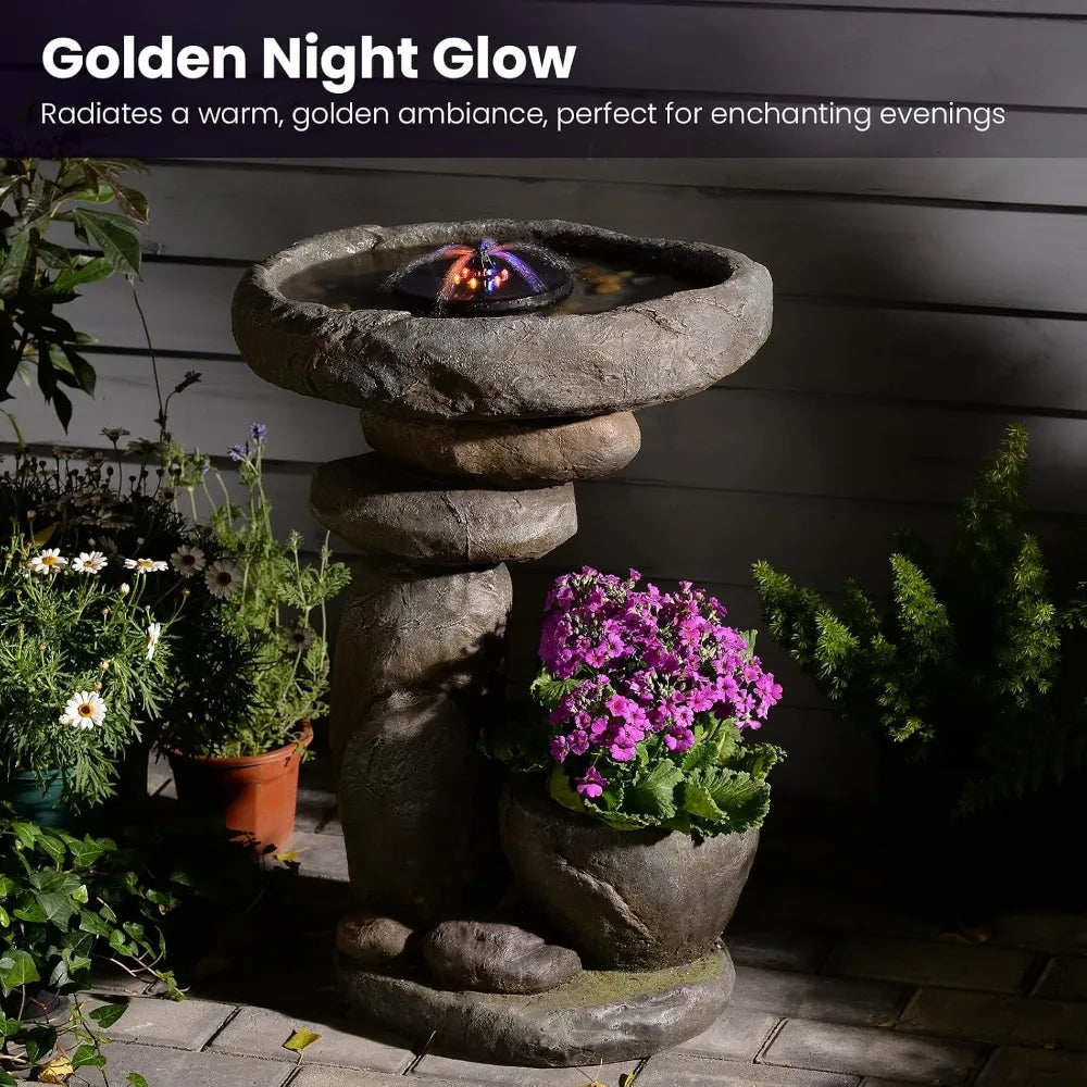 Solar Bird Bath Fountain With LED Waterfall And Planter Feature