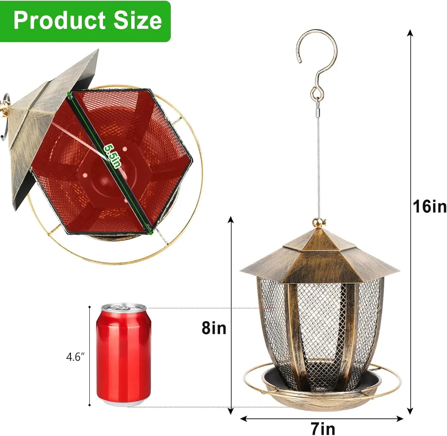 Hexagon Lantern Bird Feeder for Outside, Heavy Duty Metal Wild Bird Feeder Hanging for Garden Yard with 360° Feeding Port