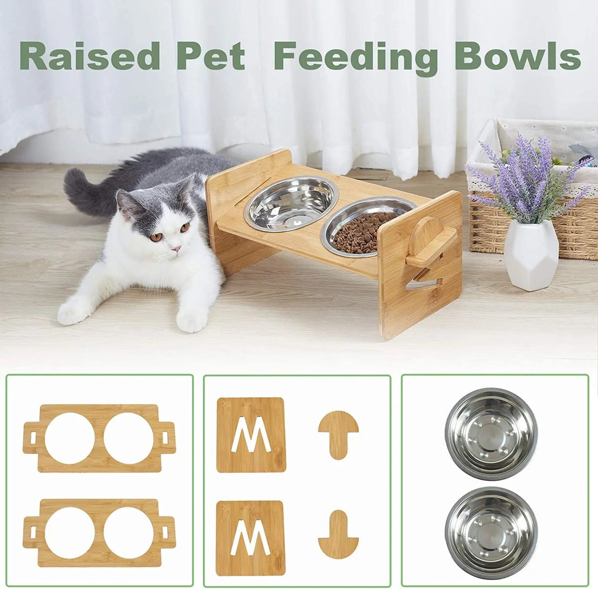 Adjustable Wooden Cat Stand With Dual Stainless Steel Bowls The Pet & Home Store