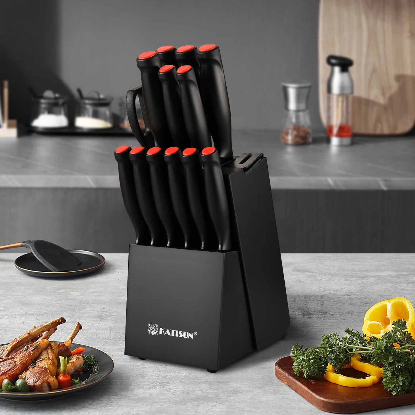 KATISUN Damascus Pattern Knife Block Set With Sharpener