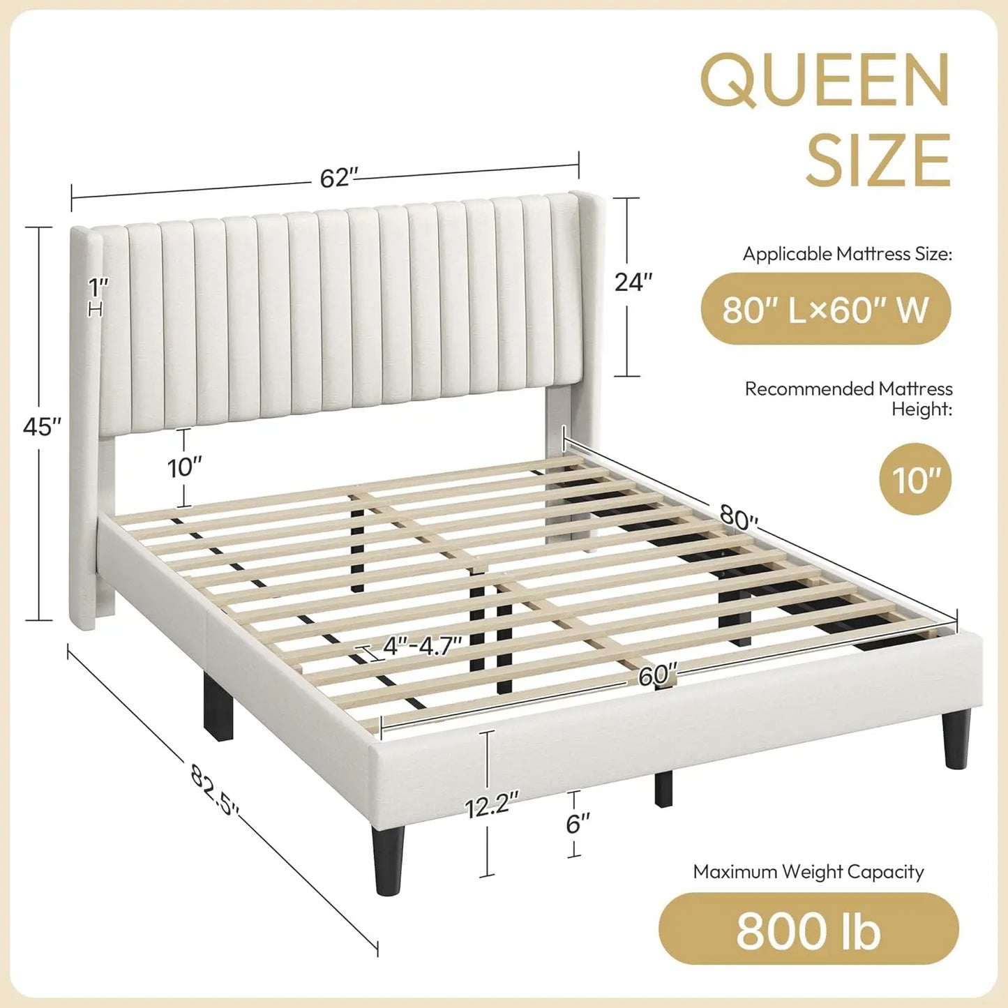 Upholstered Platform Bed Frame With Fabric Headboard Wing Edge NonSlip