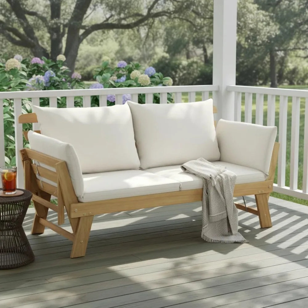 Convertible Acacia Patio Sofa Bed Adjustable Armrest Cushion Pillows Outdoor Folding Futon Bench Porch Garden 3-Seat, Custom