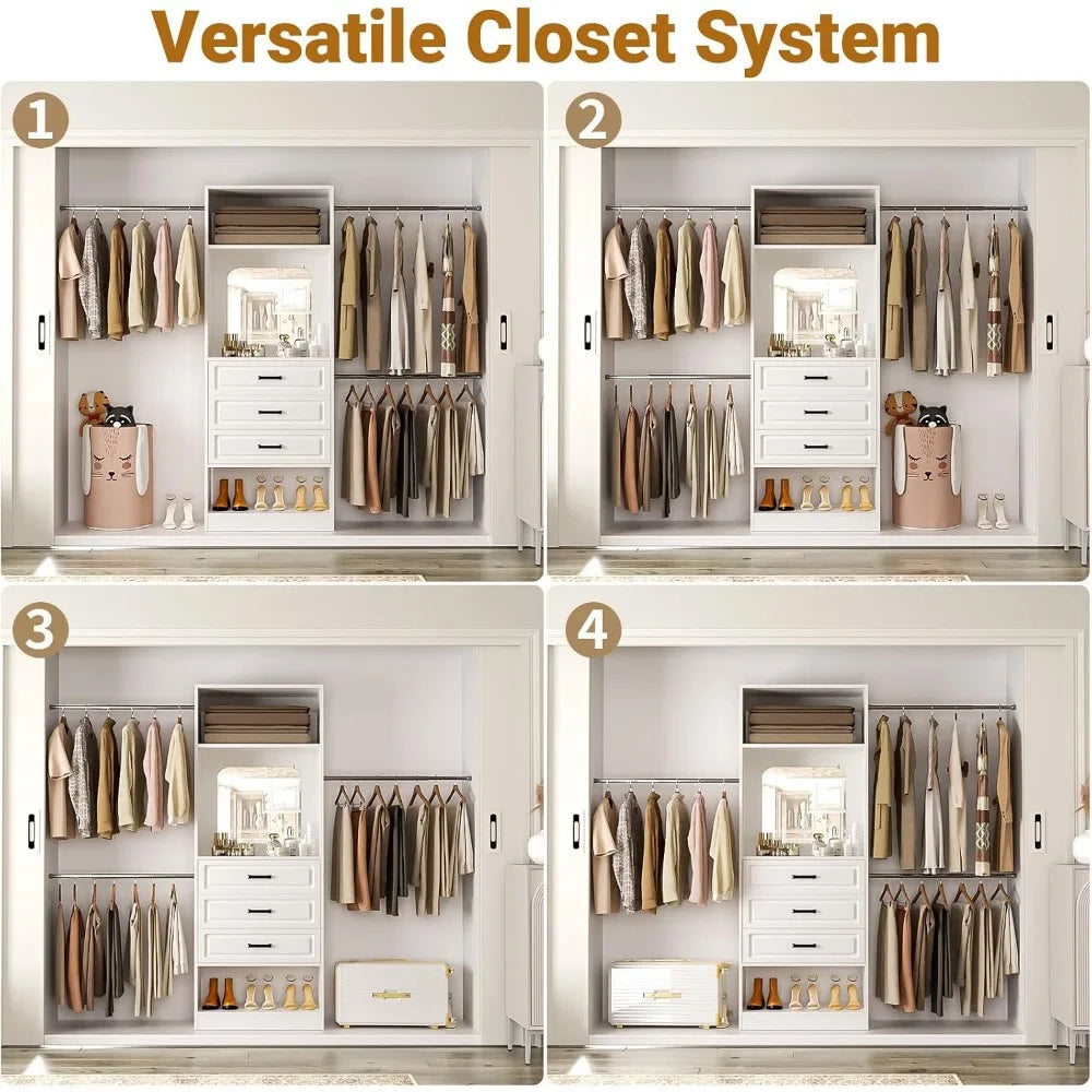 48"-96" Adjustable Closet Organizer System with Mirror, Drawers, Hanging Rod, and Tower for Heavy-Duty Clothing Storage, White