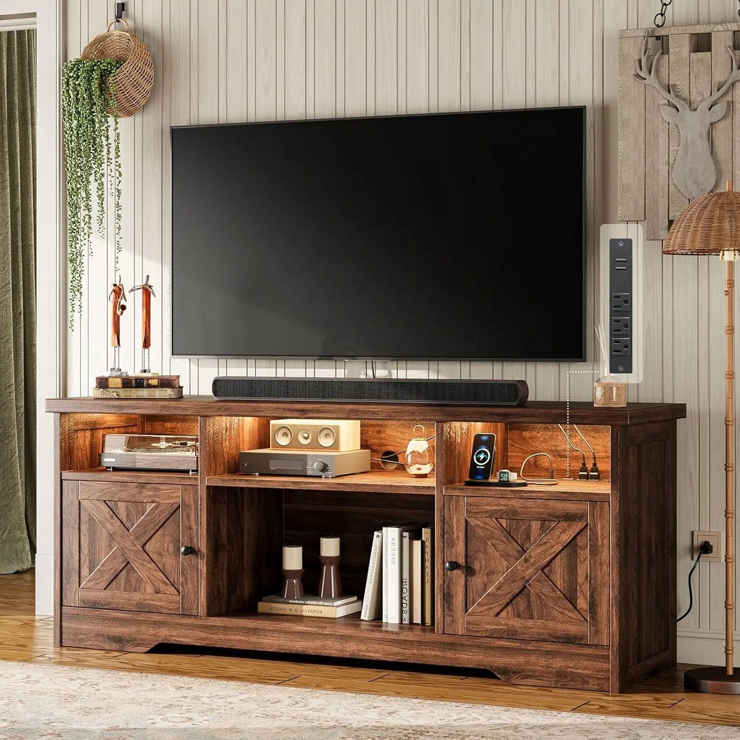 Farmhouse TV Stand with Power Outlet LED Light Storage Cabinets for Living Room Bedroom White, Customized