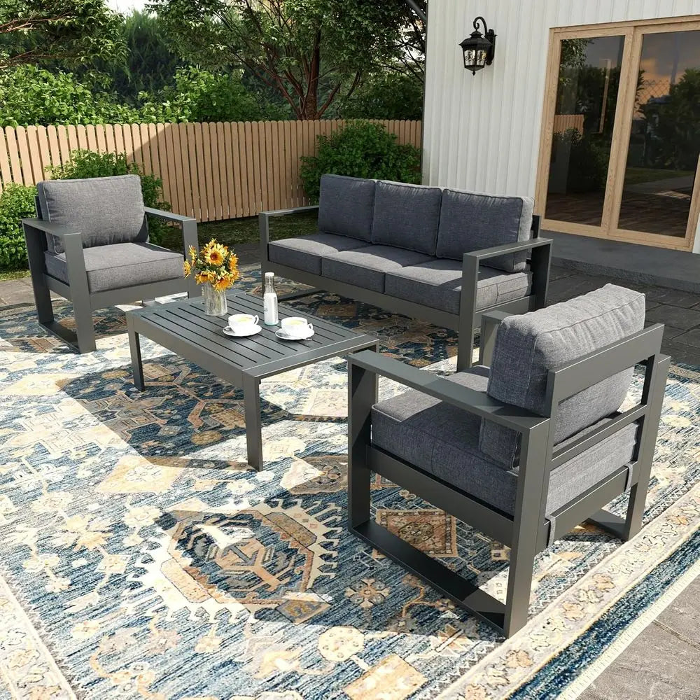 4 Piece Modern Aluminum Patio Furniture Set, Outdoor Patio Sectional Conversation Metal Seating Sets with Olefin Cushion and Cof