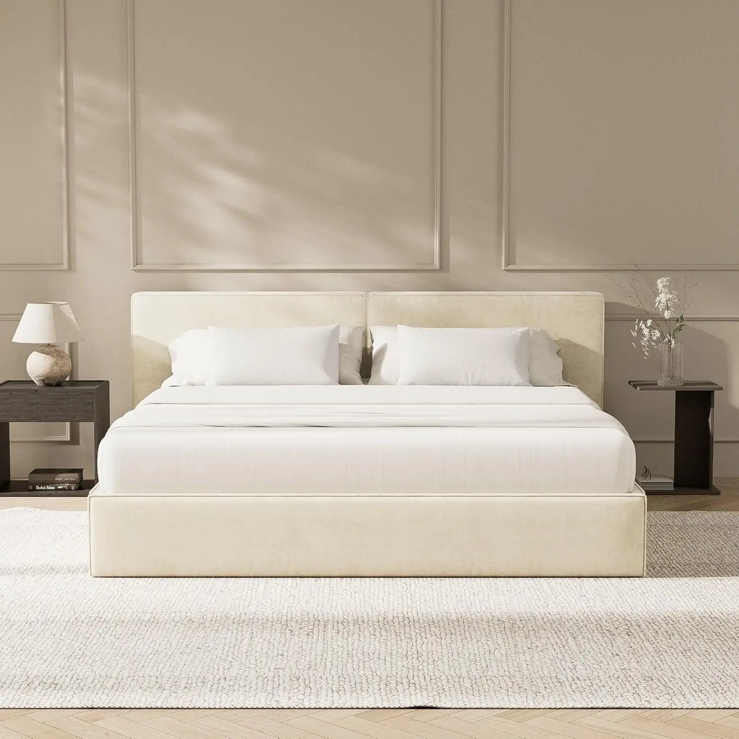 Platform Bed Frame with Plush Upholstered Headboard, Noise-Free Stability, Easy Assembly, Wood Slats