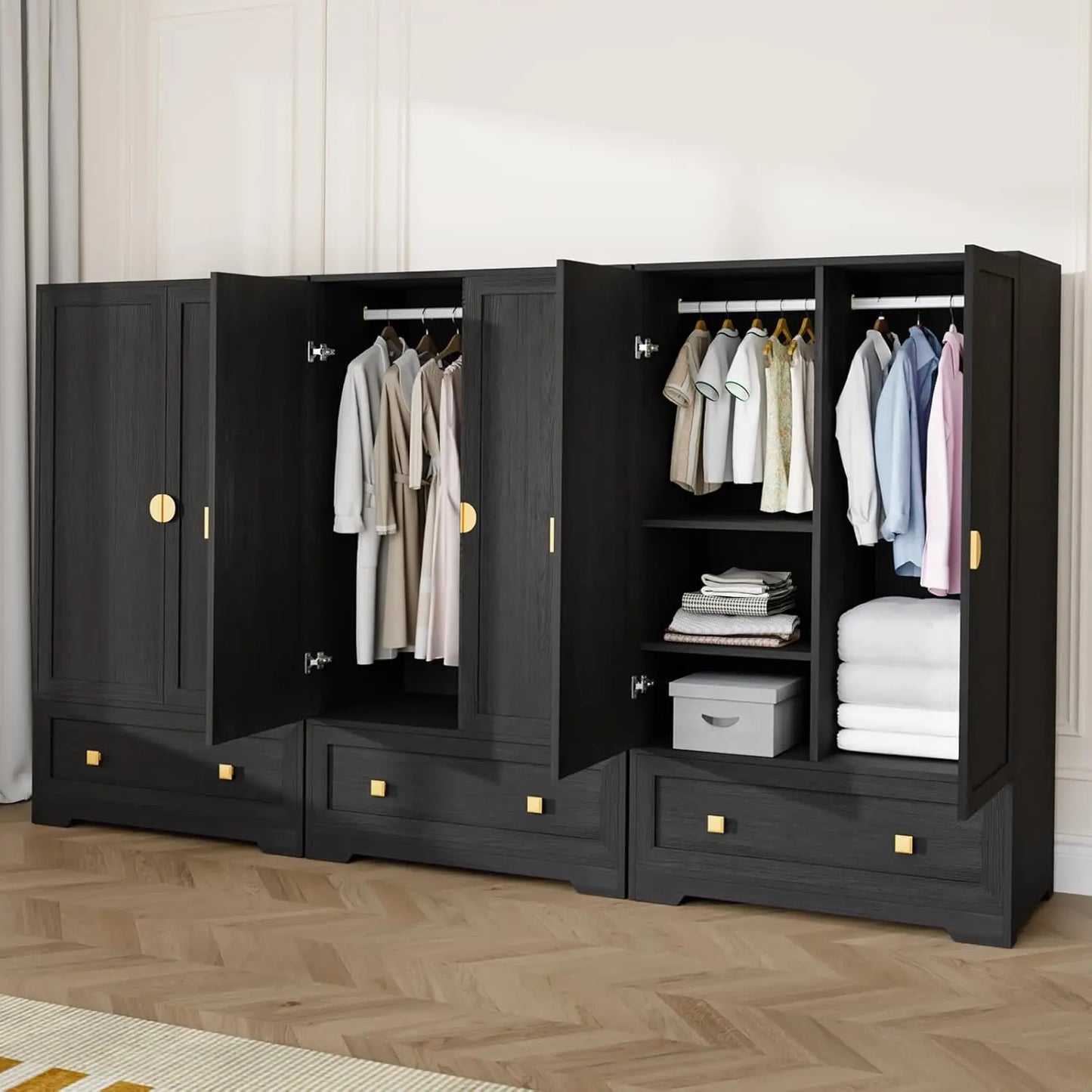 Wood Armoire Wardrobe Cabinet With Drawers And Hanging Rod