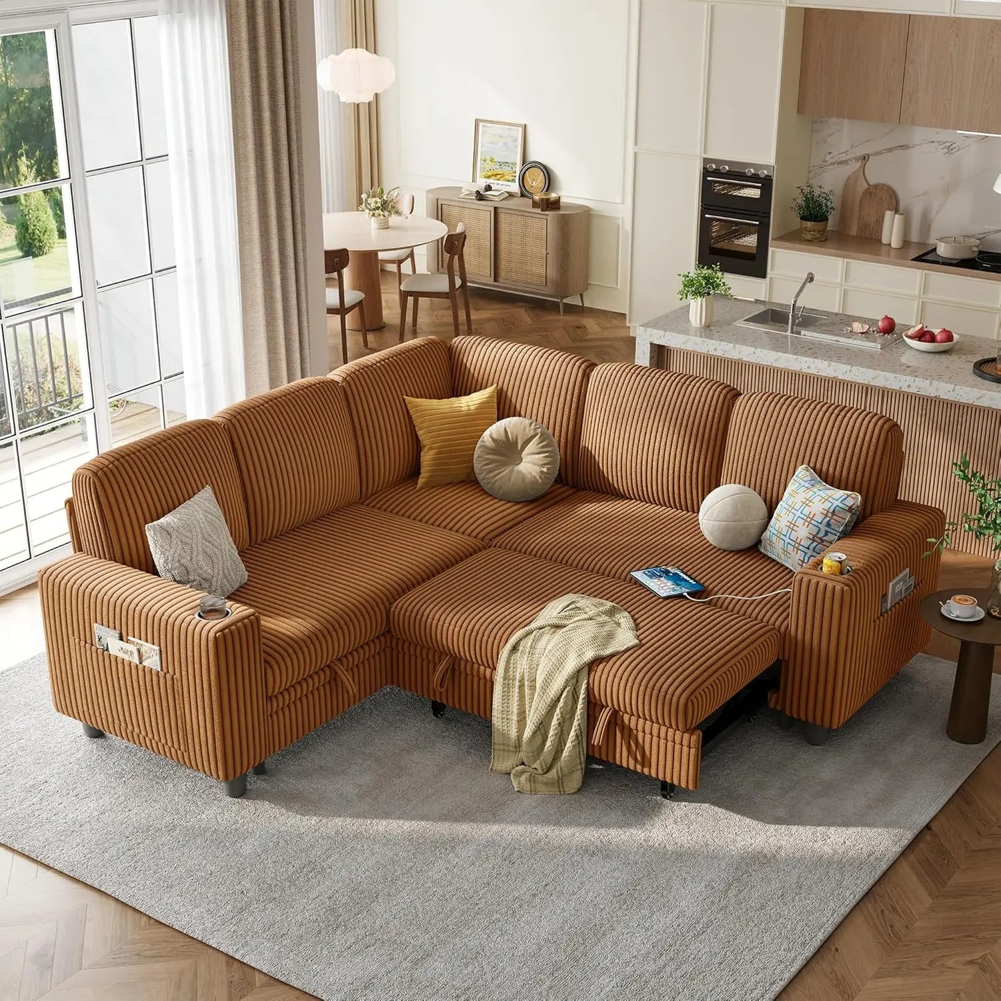 Convertible Sleeper Sectional Sofa With Storage Chaise USB Pullout