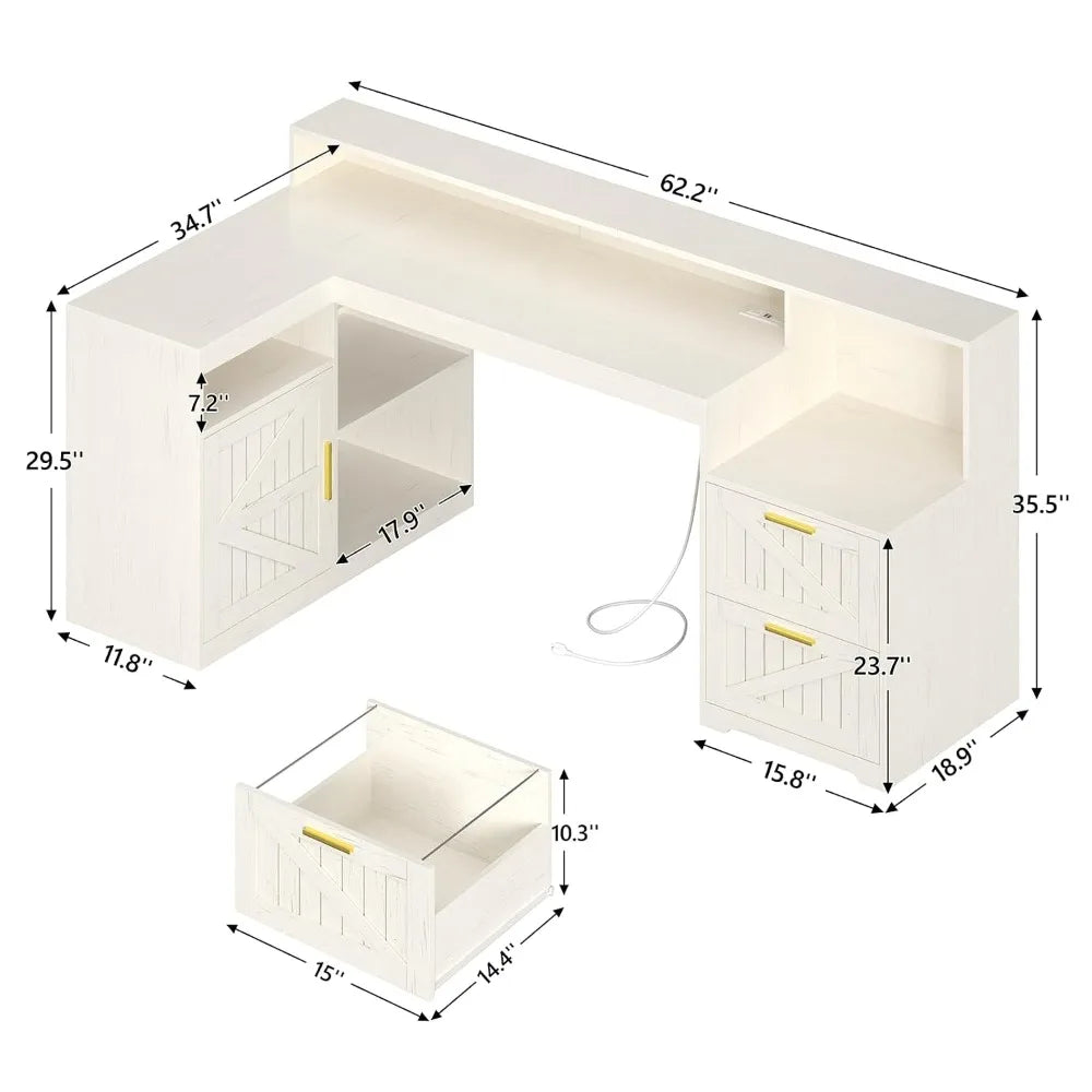 L Shaped Home Office Desk With USB Outlet And Storage