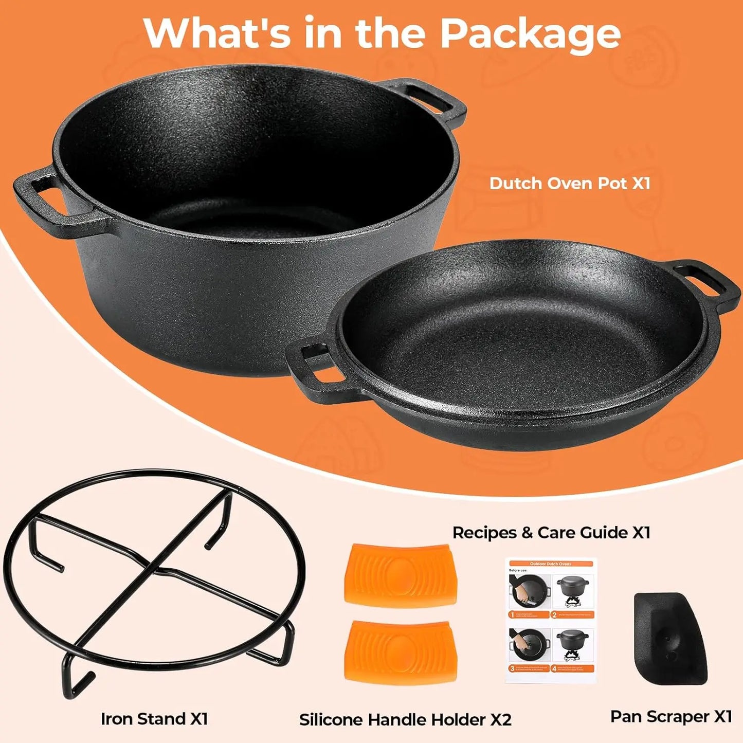 Pre-Seasoned Cast Iron Double Dutch Oven With Loop Handles, Pot + Lid - Cast Iron Dutch Oven with Lid BBQ,7/9 Quart