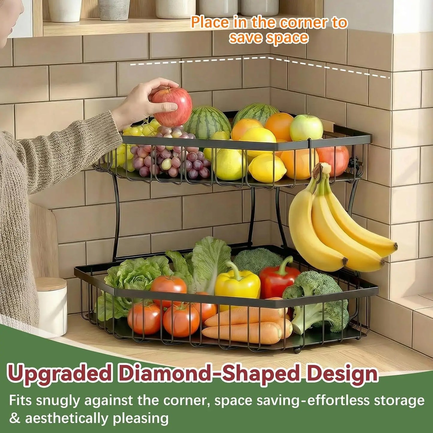 2-Tier Fruit Basket for Corner with Banana Hangers, Detachable, Large Capacity, Black