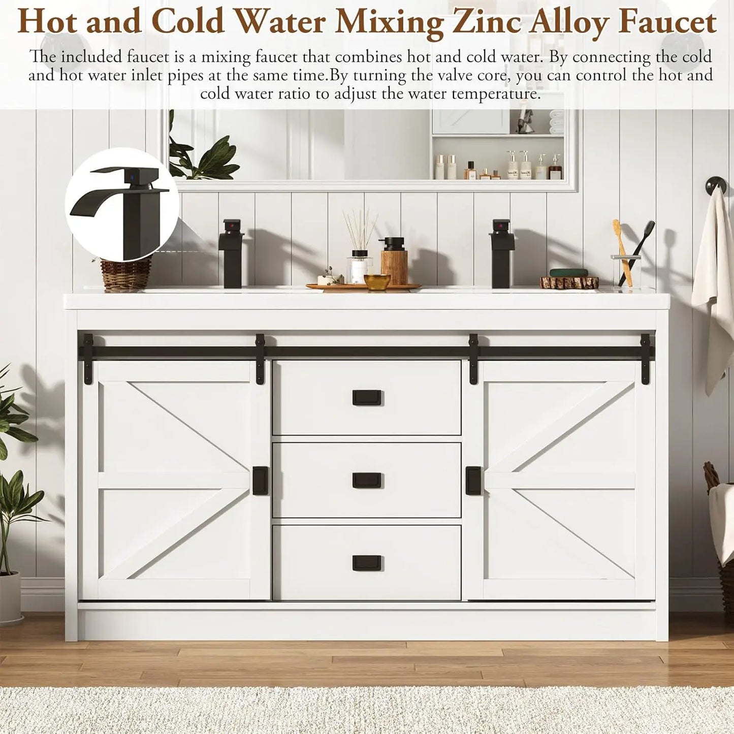 Double Bathroom Vanity with Sink & Faucet & Sewer Pipes,59" Farmhouse Bathroom Vanity Cabinet Set with 3 Storage, Custom