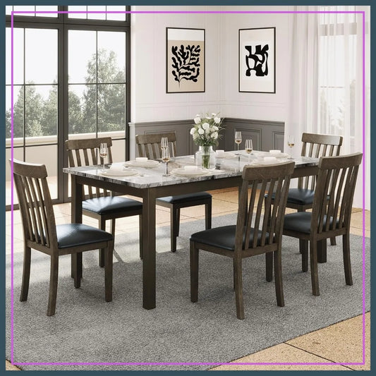 7-Piece Dining Set, 71" Faux Marble Table, 6 PU Chairs, Solid Wood, Dark Brown