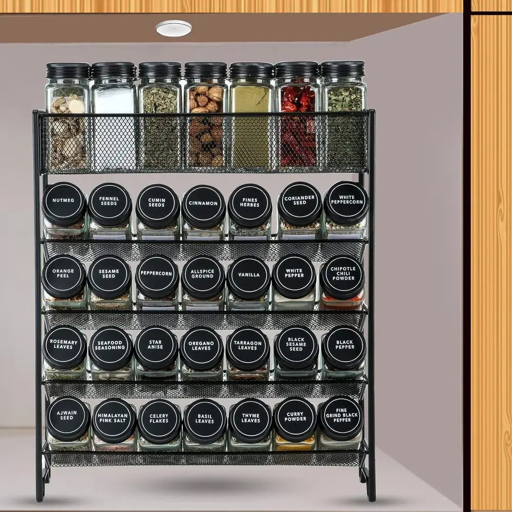 Spice Rack Organizer with 28 Spice Jars, Black Lids, Spice Labels, Chalk Pen, and Tunnel Set for Cabinet, Countertop, Pantry, Cu
