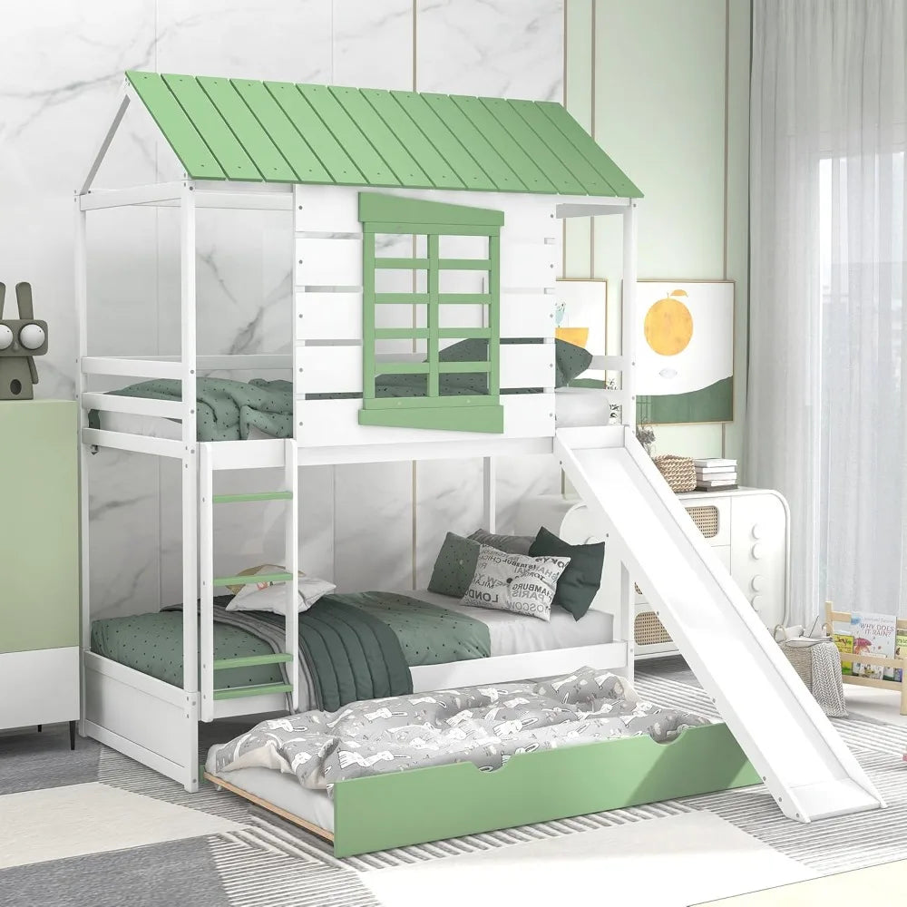 Twin Over Twin Bunk Bed With Slide Trundle Playhouse