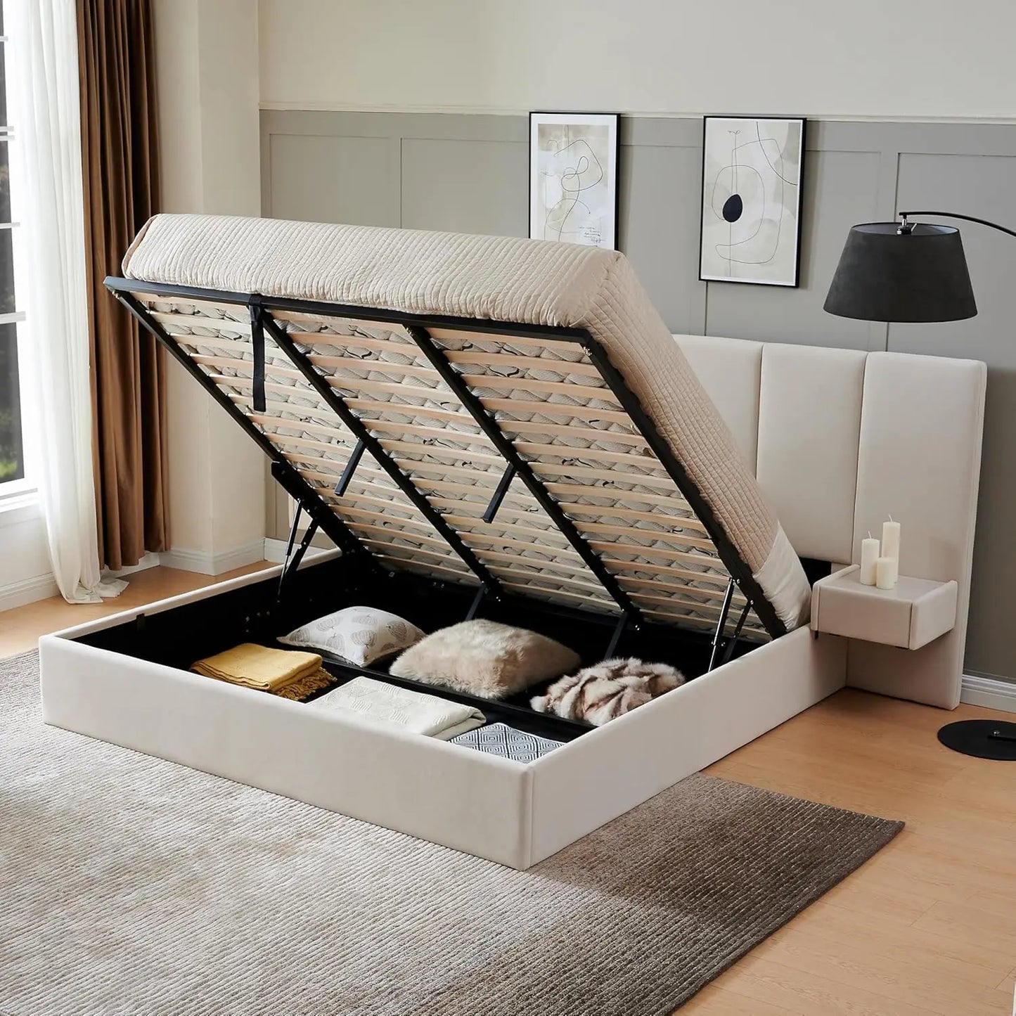 King Upholstered Platform Bed With Lift-Up Storage Velvet Headboard