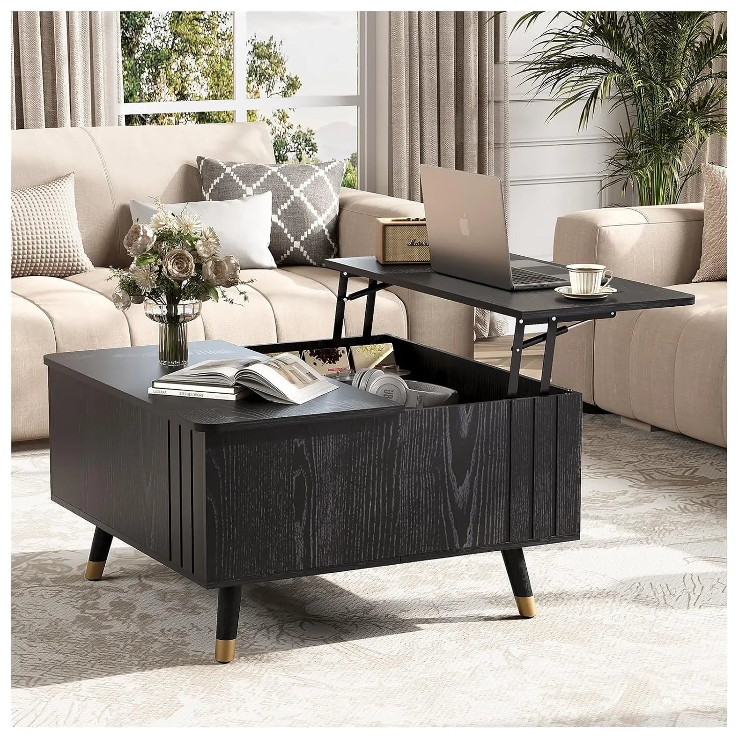 Round Coffee Table With Hidden Storage Walnut Wood Drum Table