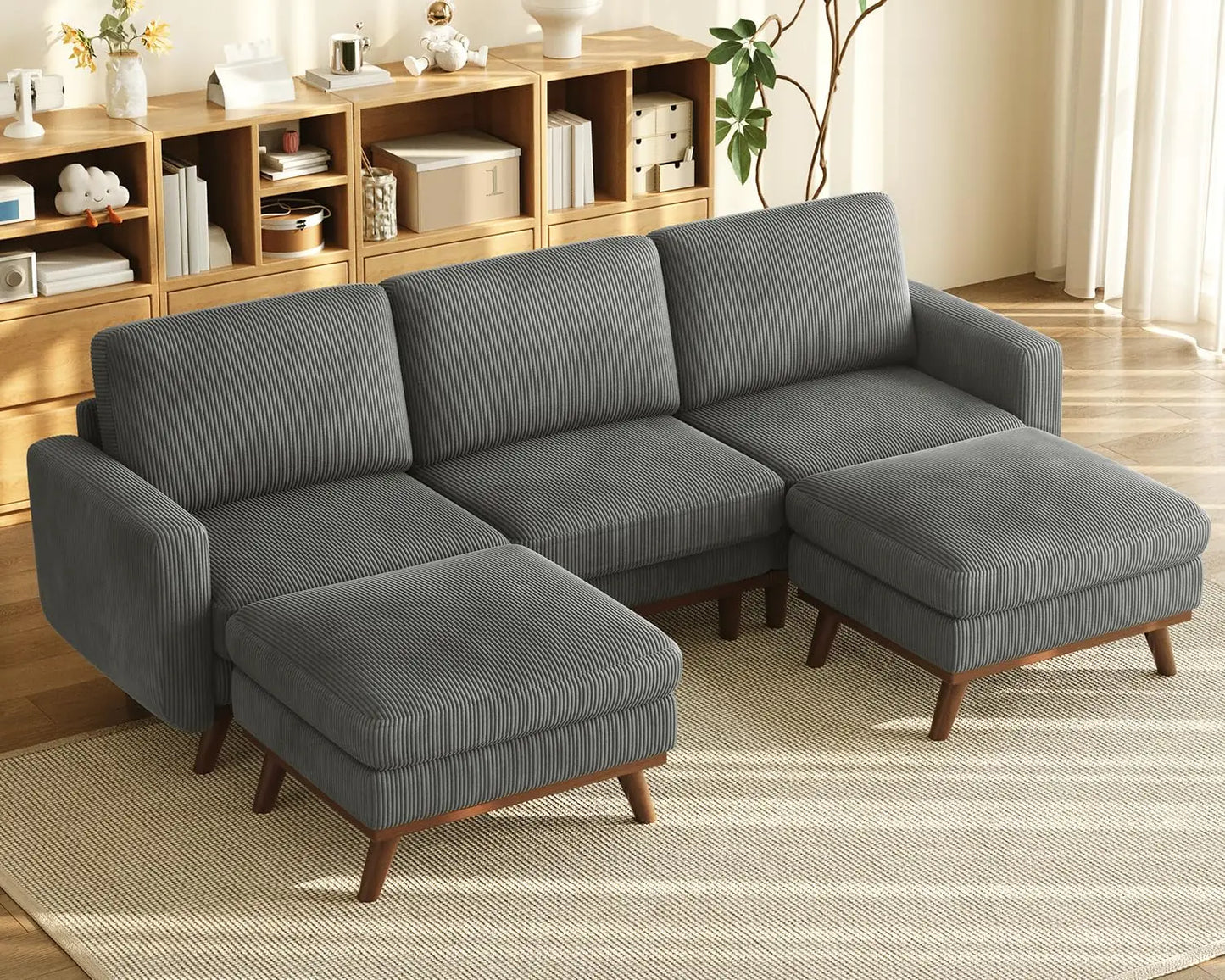 Corduroy L-Shape Modular Sofa With Movable Ottoman Sectional