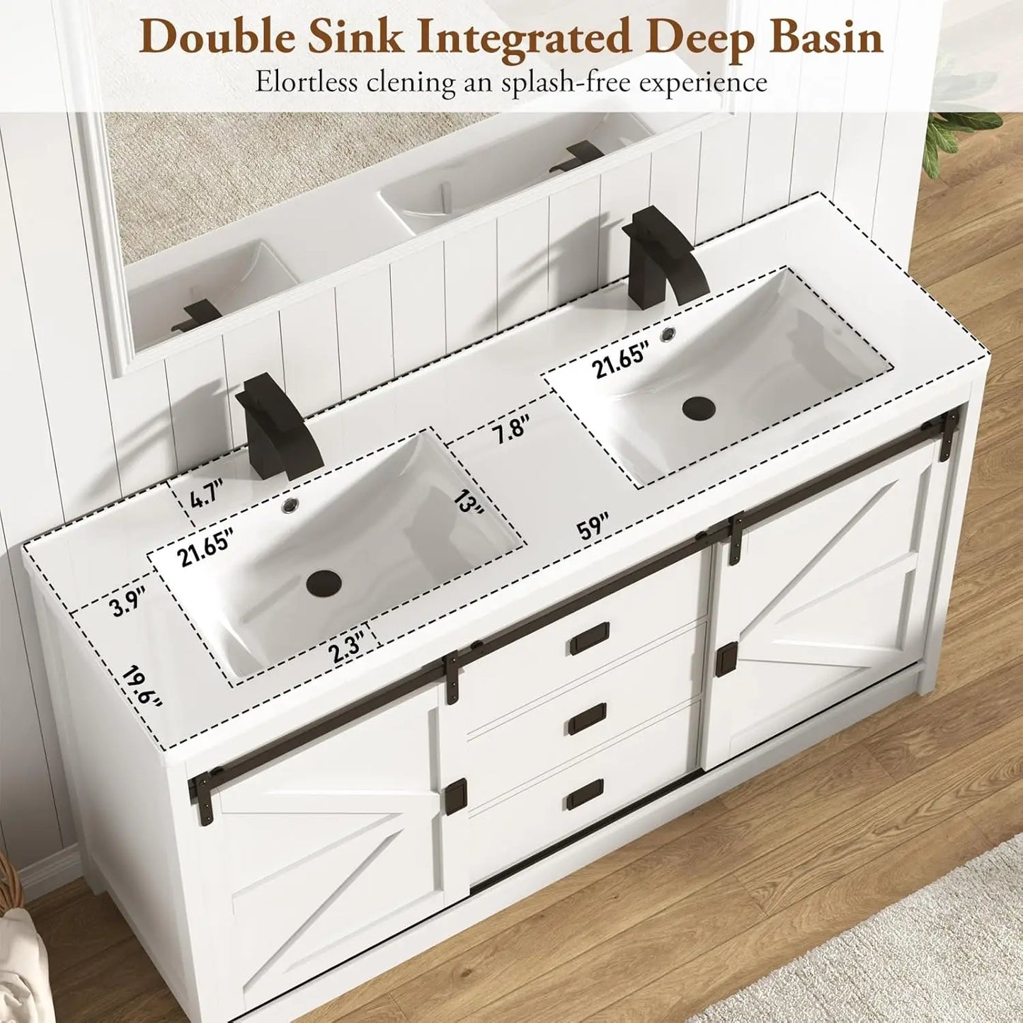 Double Bathroom Vanity with Sink & Faucet & Sewer Pipes,59" Farmhouse Bathroom Vanity Cabinet Set with 3 Storage, Custom