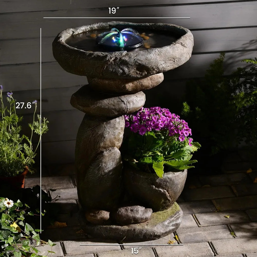 Solar Bird Bath Fountain With LED Waterfall And Planter Feature