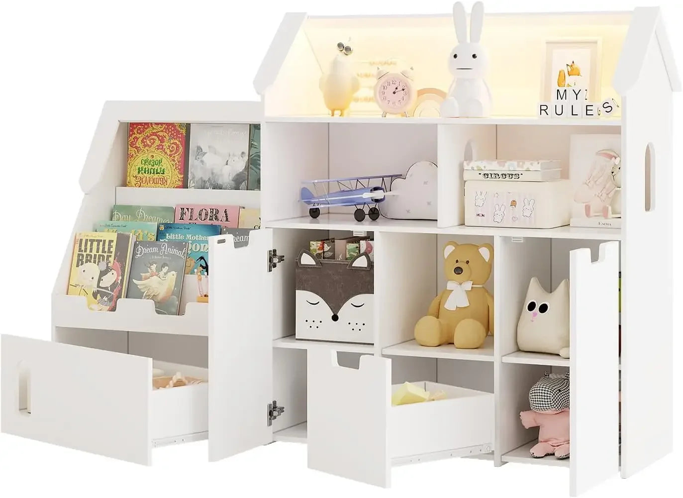 White Castle Shaped Kids Bookshelf Toy Storage Organizer With Removable Drawers Cabinets Storage Cubbies LED Lights For Bedroom