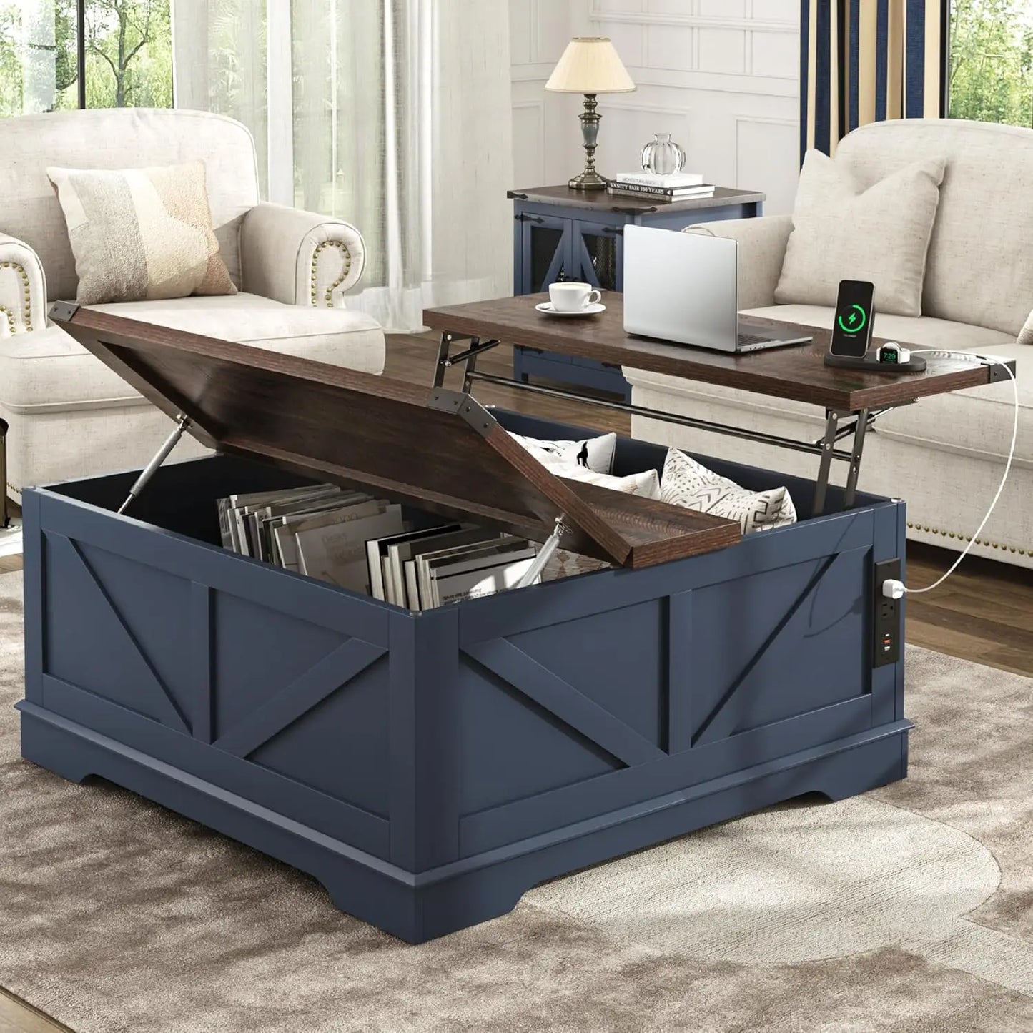 40" Farmhouse Lift Top Coffee Table, Power Outlets & Large Hidden Storage, Square Wood Living Room Table, Custom