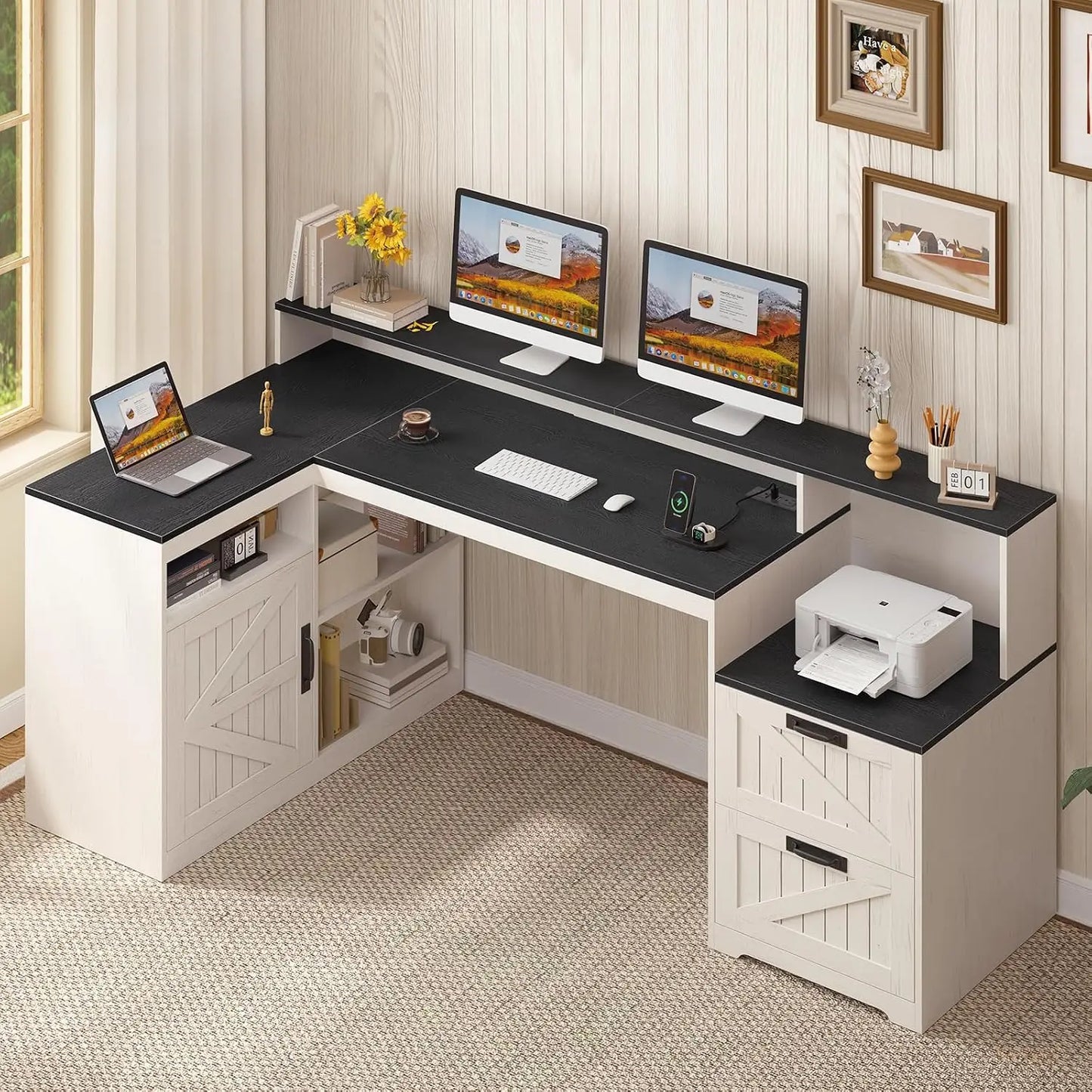 L Shaped Home Office Desk With USB Outlet And Storage