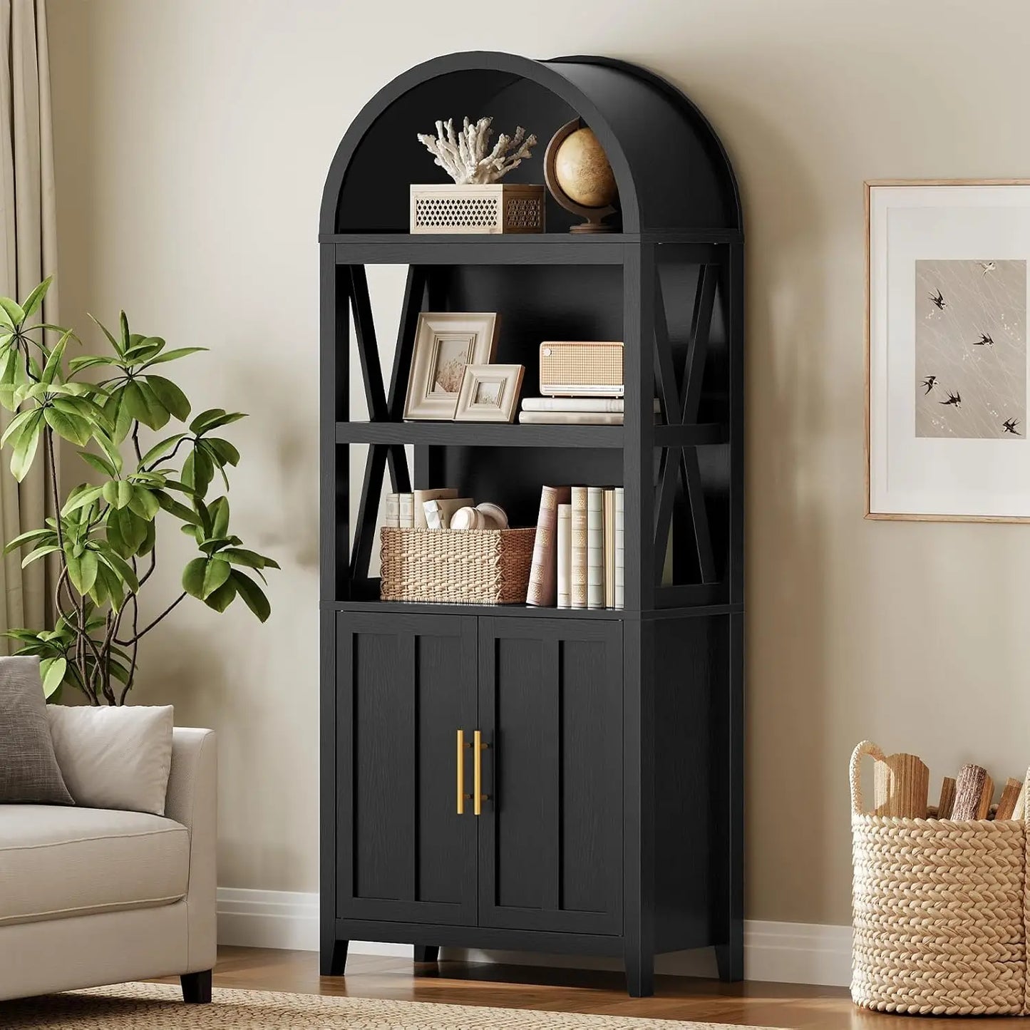 71" Arched Wooden Media Storage Cabinet 5-Tier Open Shelf Bookcase for Living Room, Home Office, Customized The Pet & Home Store