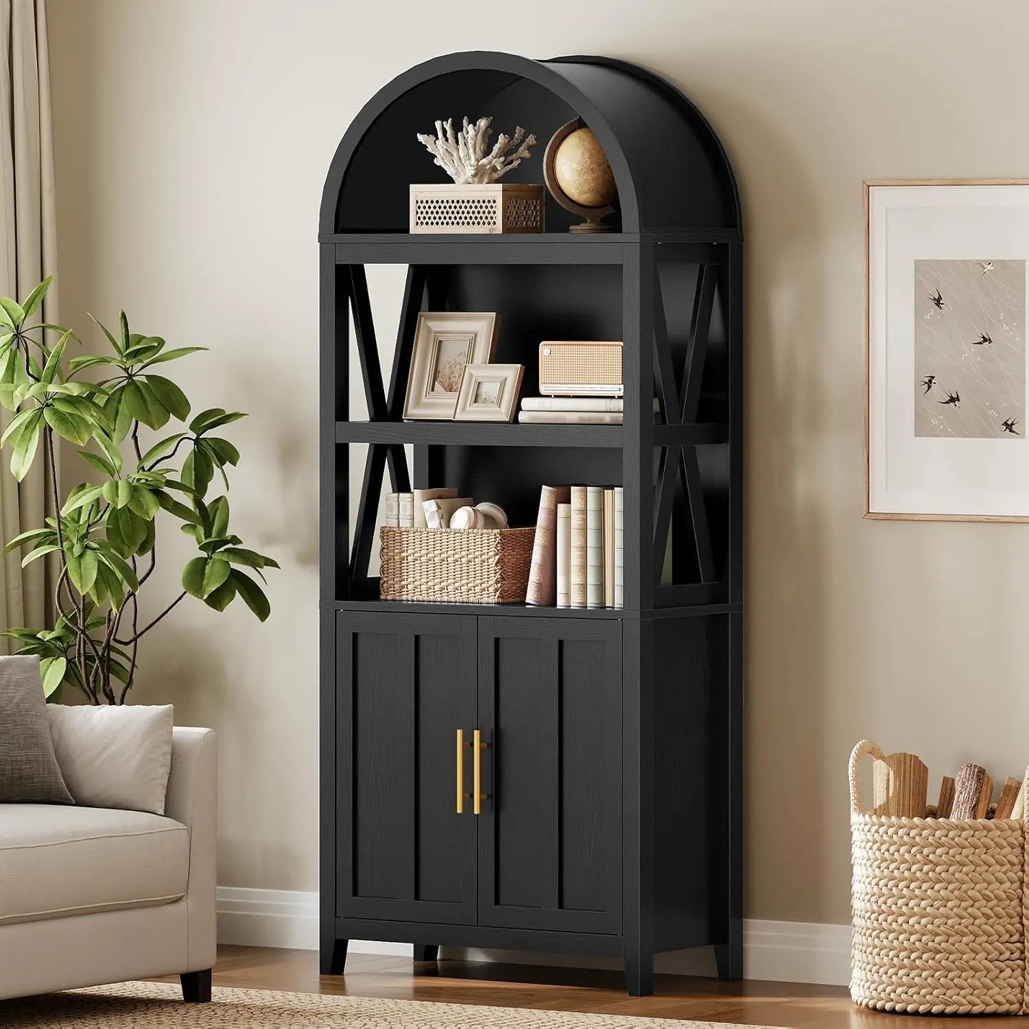 71" Arched Wooden Media Storage Cabinet 5-Tier Open Shelf Bookcase for Living Room, Home Office, Customized The Pet & Home Store