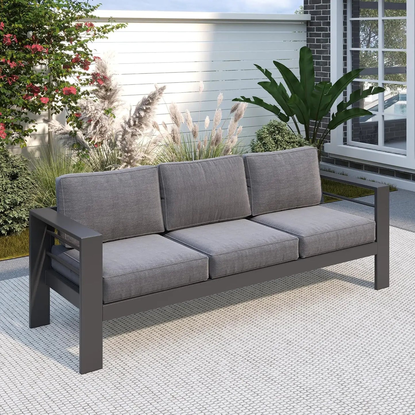 3 Seat Dark Aluminum Patio Sofa, All Weather Outdoor Couch with Cushions, Customized
