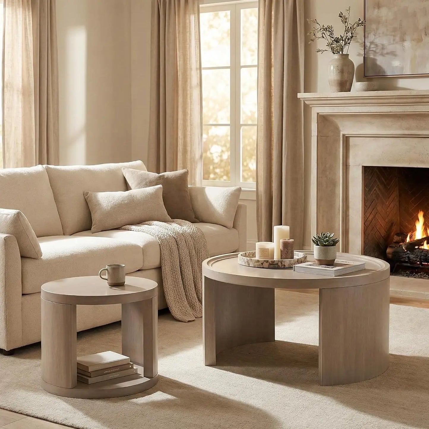 Round Nesting Coffee Table Set of 2 with Wood Tops