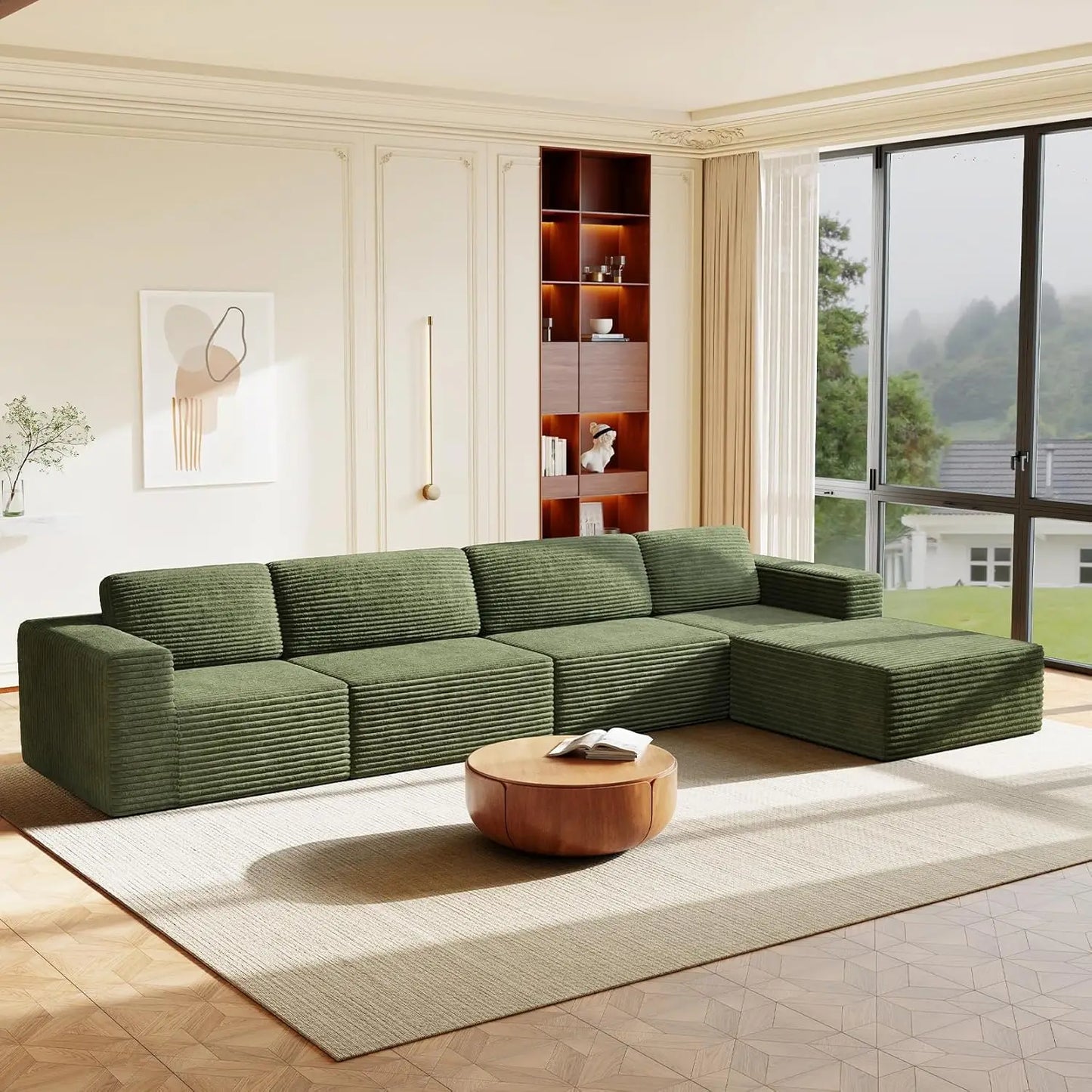 Corduroy L-Shape Modular Sofa With Movable Ottoman Sectional