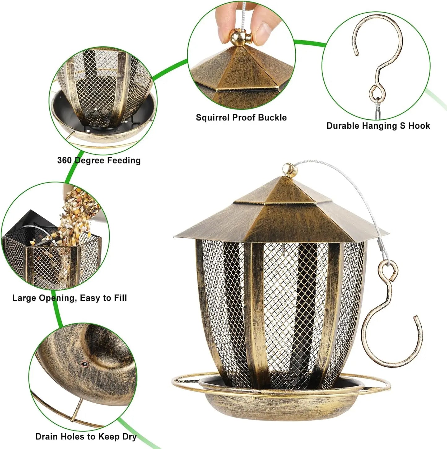 Hexagon Lantern Bird Feeder for Outside, Heavy Duty Metal Wild Bird Feeder Hanging for Garden Yard with 360° Feeding Port