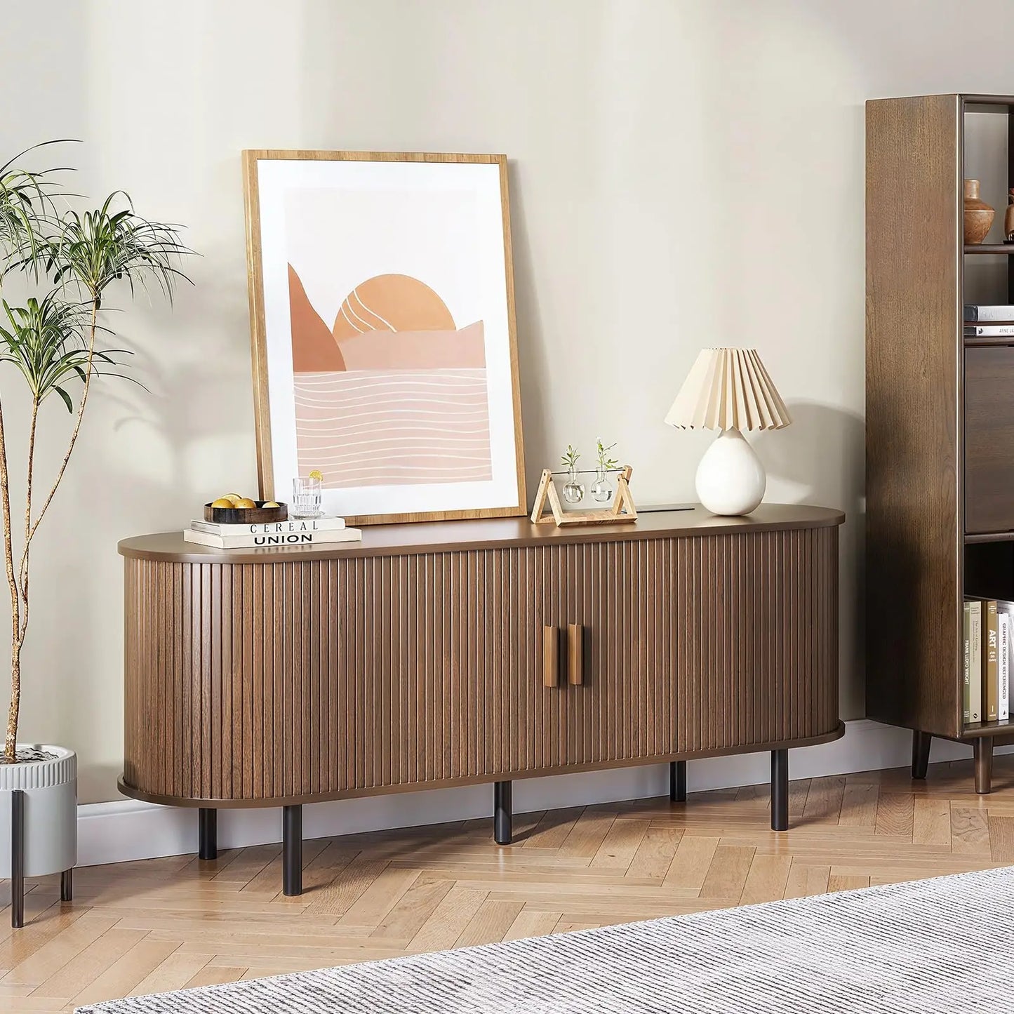 ONBRILL TV Stand With Power Outlet And Sliding Doors Storage