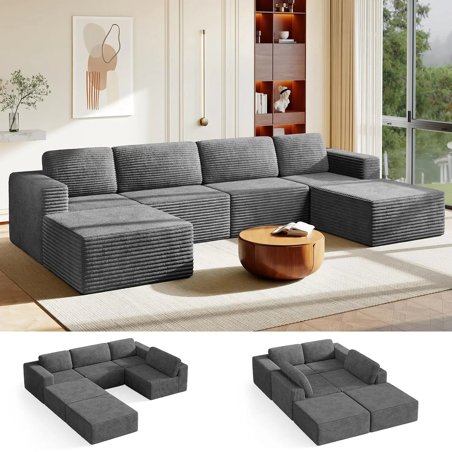 Corduroy L-Shape Modular Sofa With Movable Ottoman Sectional