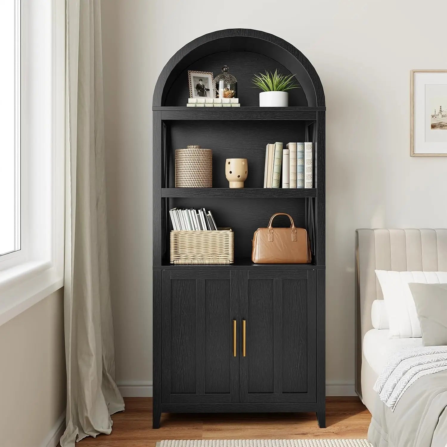71" Arched Wooden Media Storage Cabinet 5-Tier Open Shelf Bookcase for Living Room, Home Office, Customized The Pet & Home Store