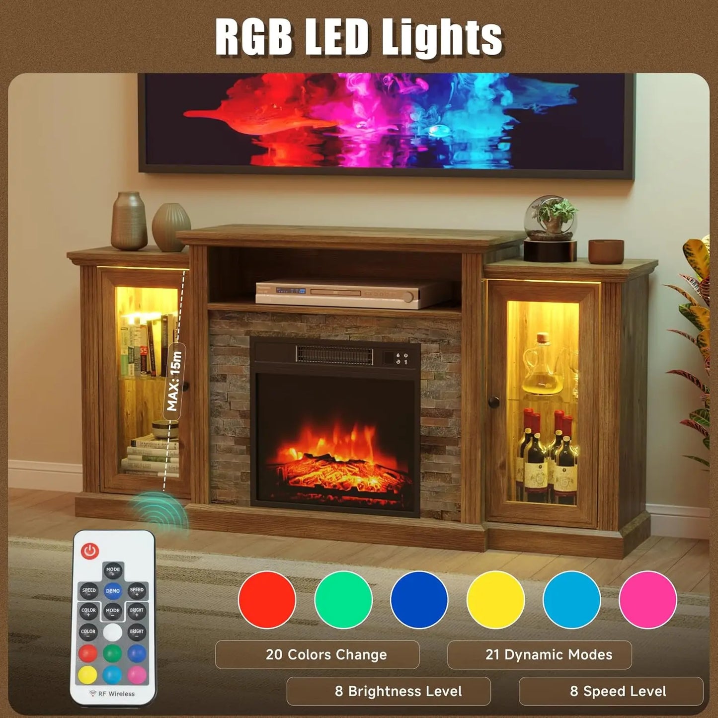 Fireplace TV Stand for 65 Inch TV, Entertainment Center with 18 inch Electric Fireplace & LED Lights,Mordern Media, Customized The Pet & Home Store