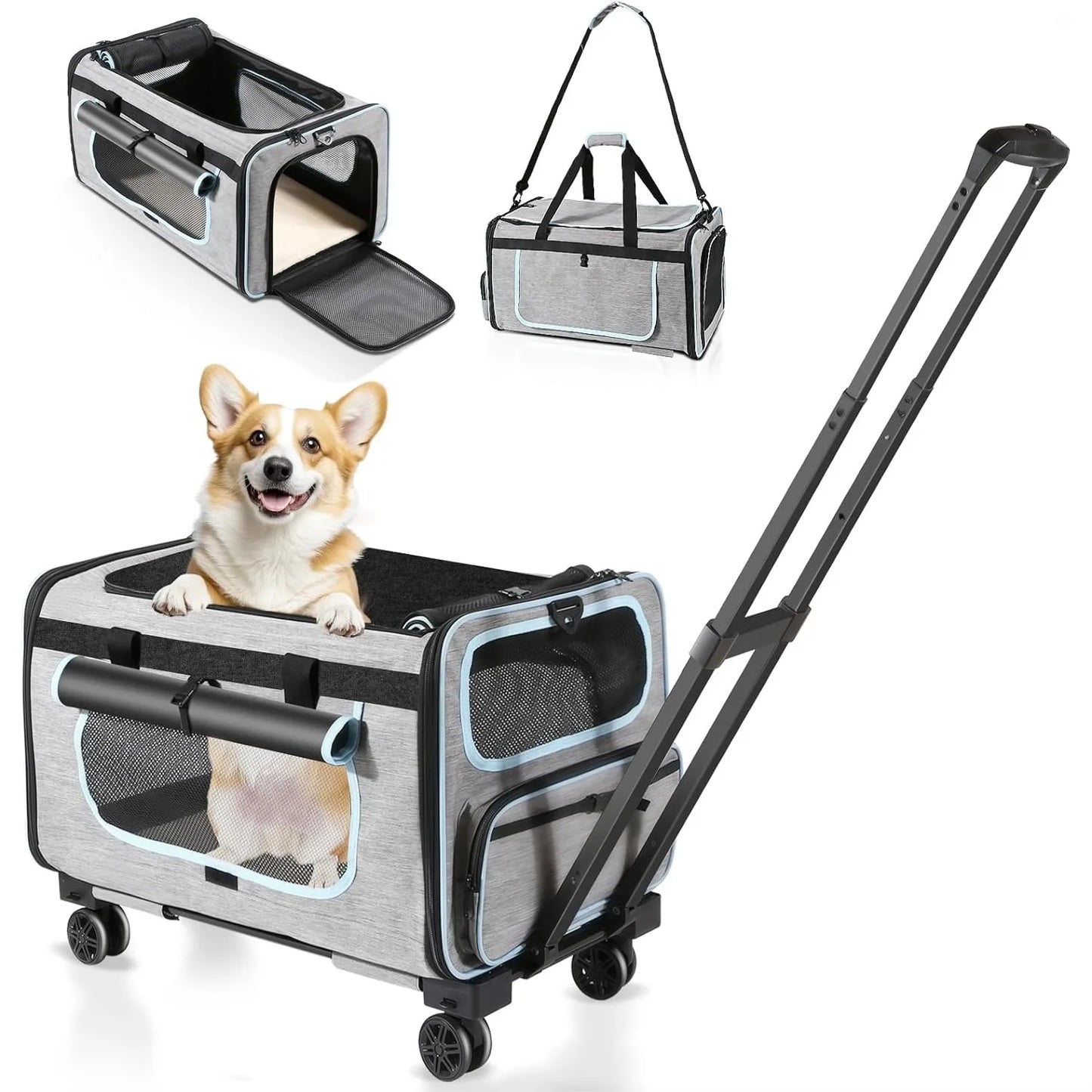 Pet Carrier with Wheels for Cats and Dogs, Detachable Wheels & Washable Pad, Escape-Proof Zipper, Portable Travel Bag for