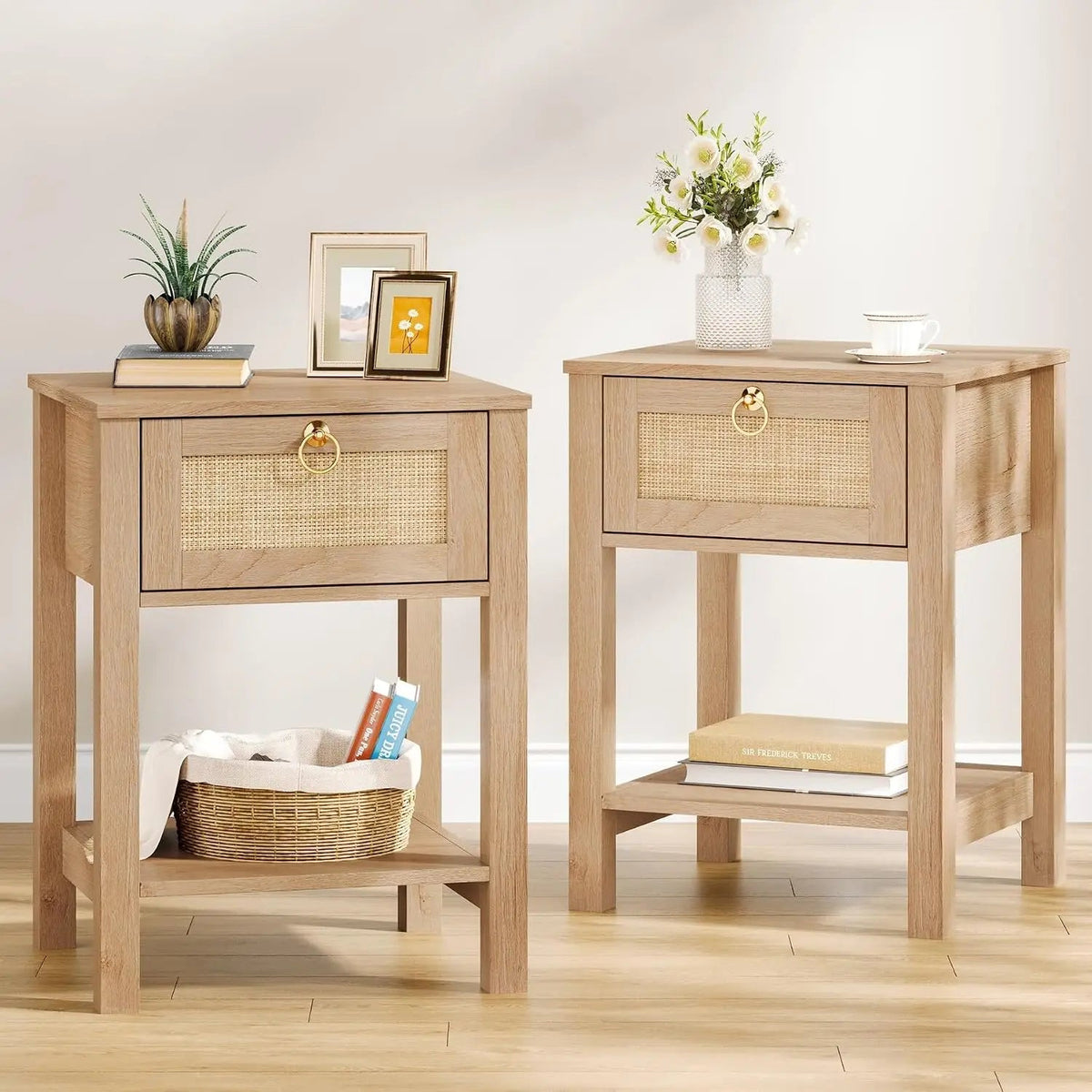 Large White Rattan Nightstands Set of 2, Boho Style with Drawers & Storage Shelf Bedroom Bedside End Table, Custom The Pet & Home Store