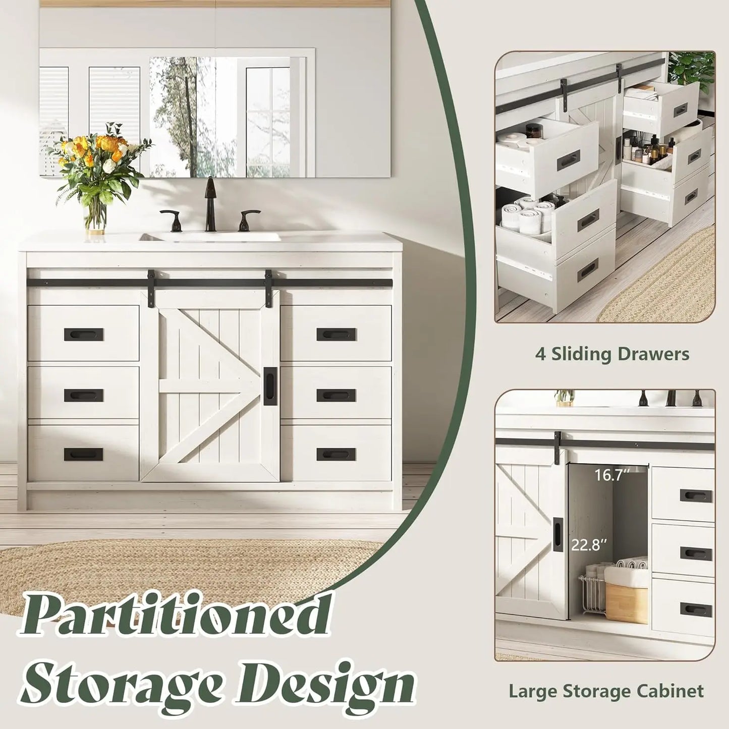 48'' Farmhouse Freestanding Bathroom Vanity with Sink Sliding Barn Door Drawers Metal Handles Deep Basin Storage Custom