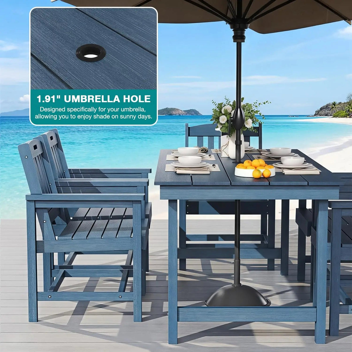 7pc HIPS Outdoor Dining Set 66.9in Table Umbrella Hole 440lb 6 Wide Chairs Galvanized Steel Navy Blue Customized The Pet & Home Store