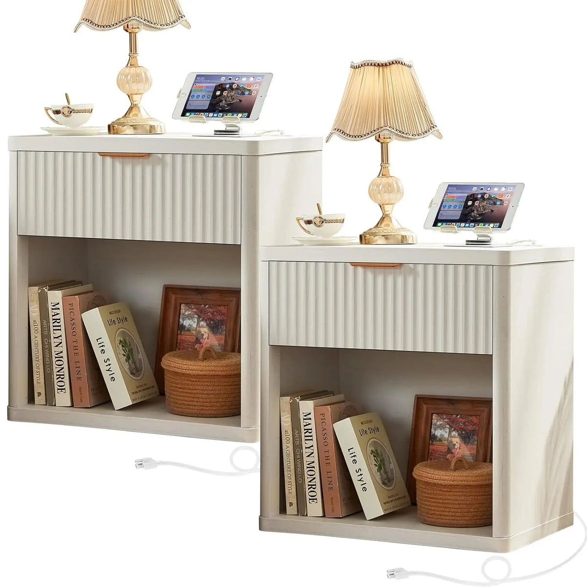 Set of 2 Wide Fluted Farmhouse Nightstands with Charging Station The Pet & Home Store